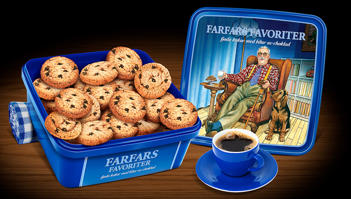 Sälj Farfars Favoriter, en kaka med bitar av äkta belgisk choklad och mild vaniljsmak