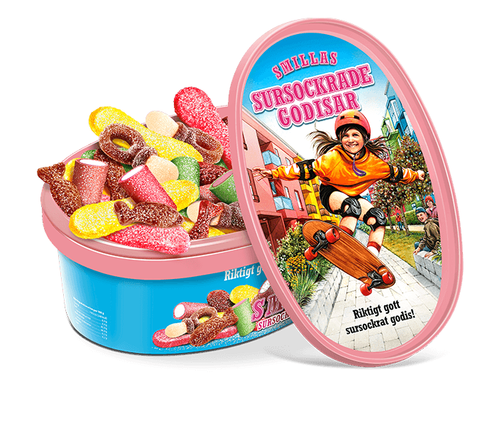 Med favoriter som surskalle, fizzygodis, melonstång, skumromb, jordgubbsstång, colanapp, bläckfiskar med mera blir det lätt att sprida glädje. 